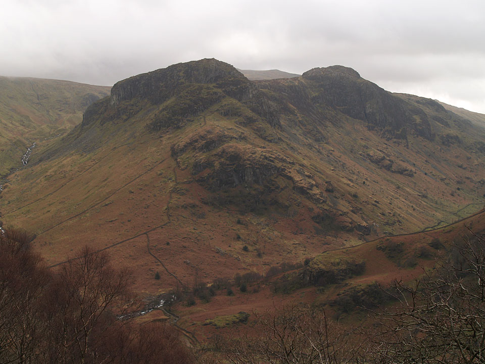 Eagle Crag and Sergeants Crag from the steep climb to Great Crag through the woods