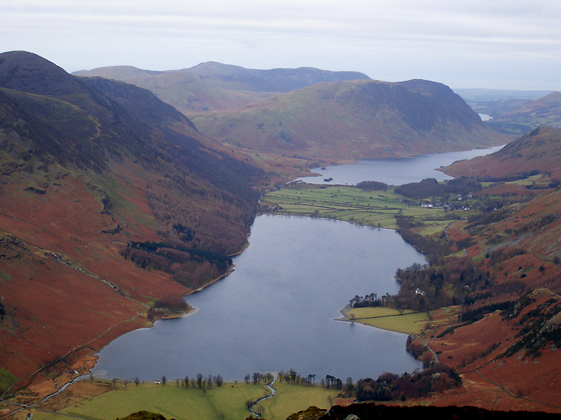 The Buttermere Valley from Fleetwith Pike. The nearest water is Buttermere with Crummock Water behind and a glimpse of Loweswater in the distance.