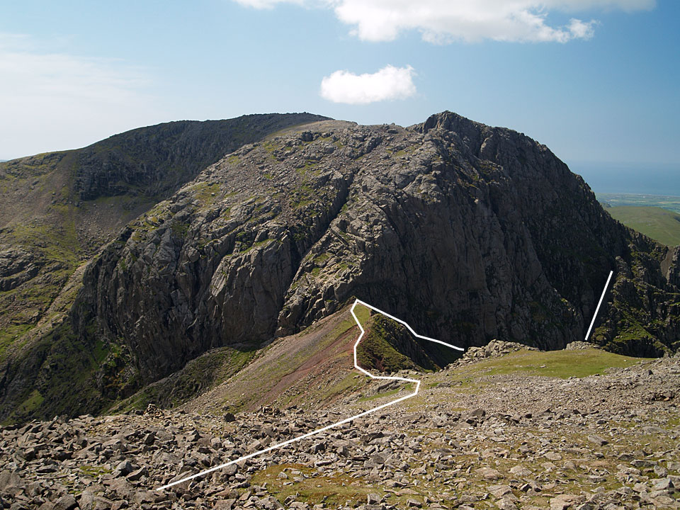Scafell from Scafell Pike showing the route to Mickledore with Lord's Rake shown to the right