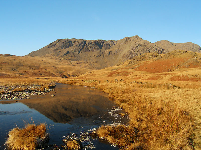 Slight Side and Scafell along a part frozen River Esk