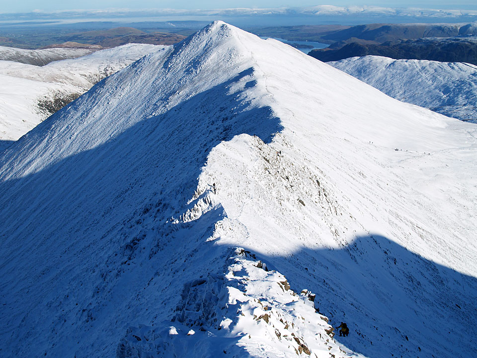 The route of descent - looking along Swirral Edge to Catstycam