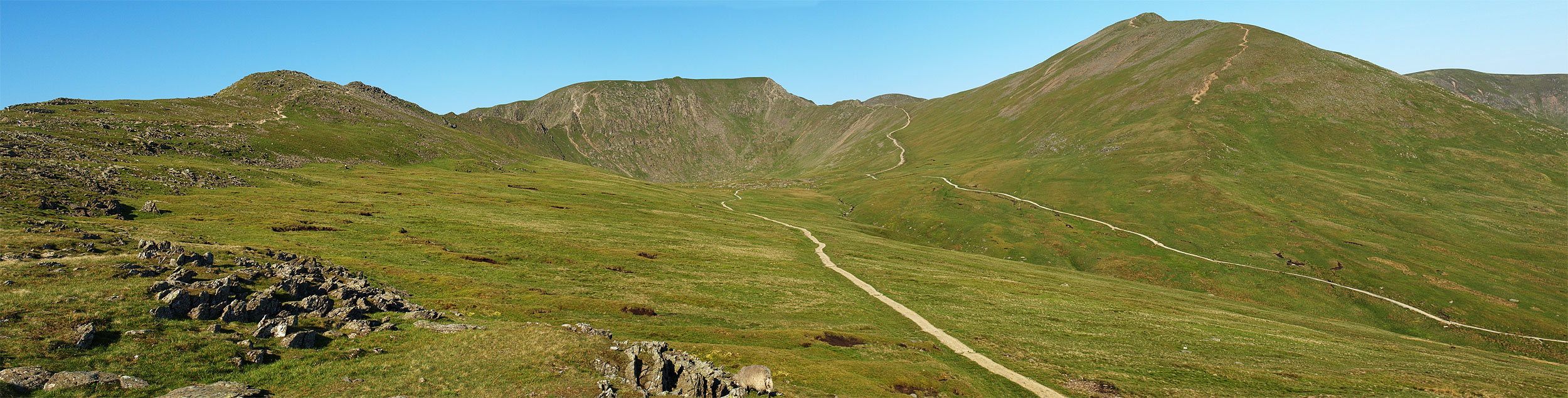Striding Edge to the left, Helvellyn in the centre, Swirral Edge and Catstycam